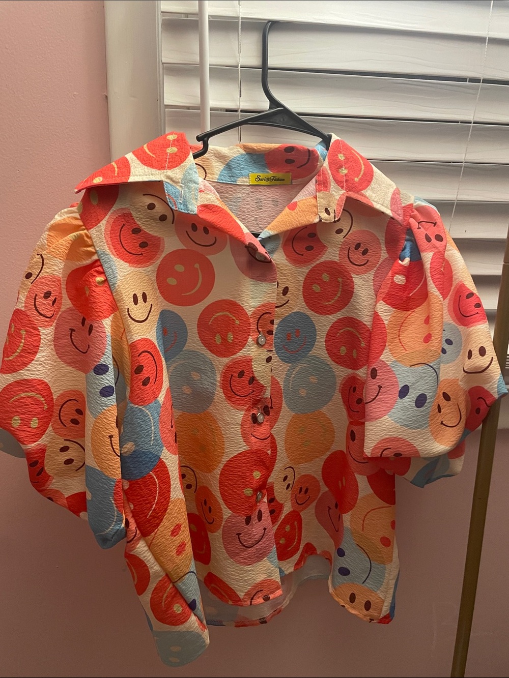 Smiley Face Button-Up Shirt in Coral, Peach & Blue